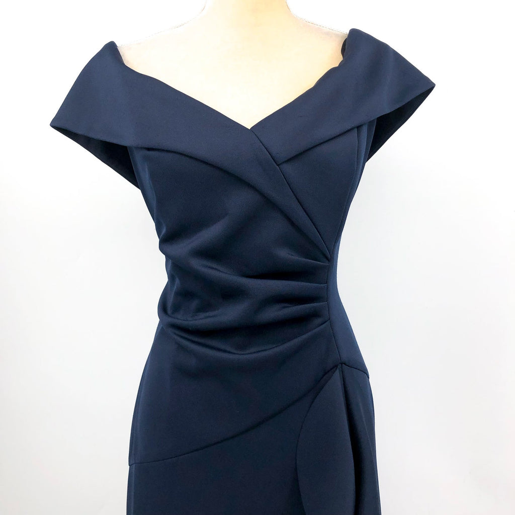 XSCAPE Womens Ruffle Off the Shoulder Gown Size 16 Midnight Blue Scuba 4581X NWT
