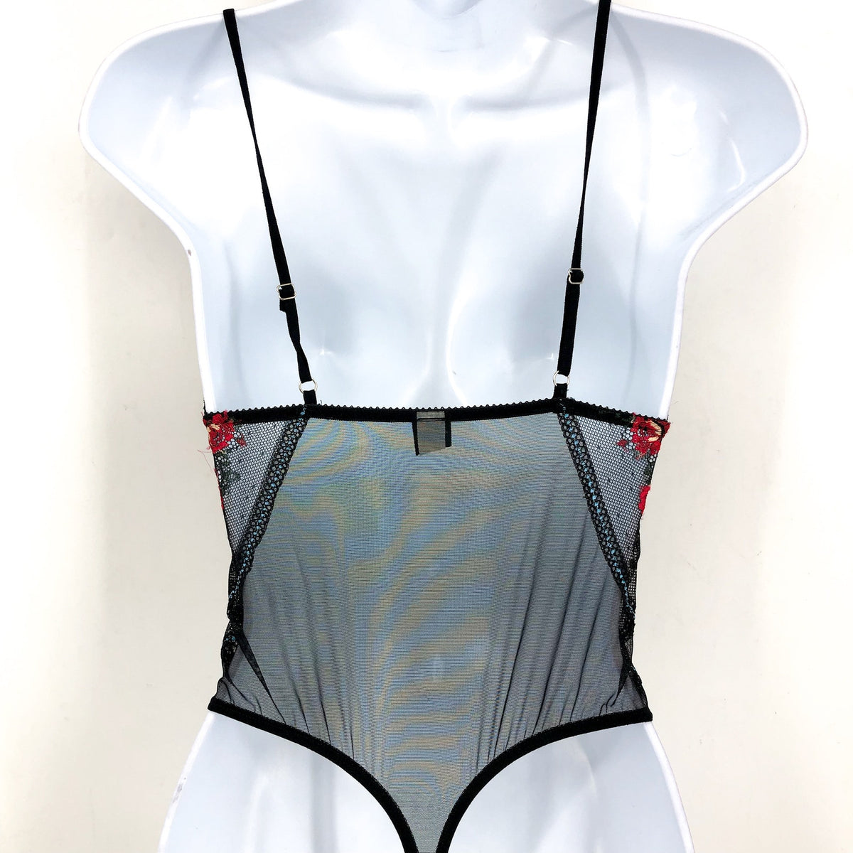 ONLY HEARTS Beatrix Chevron Bodysuit Small Black Embroidered Rose NWT