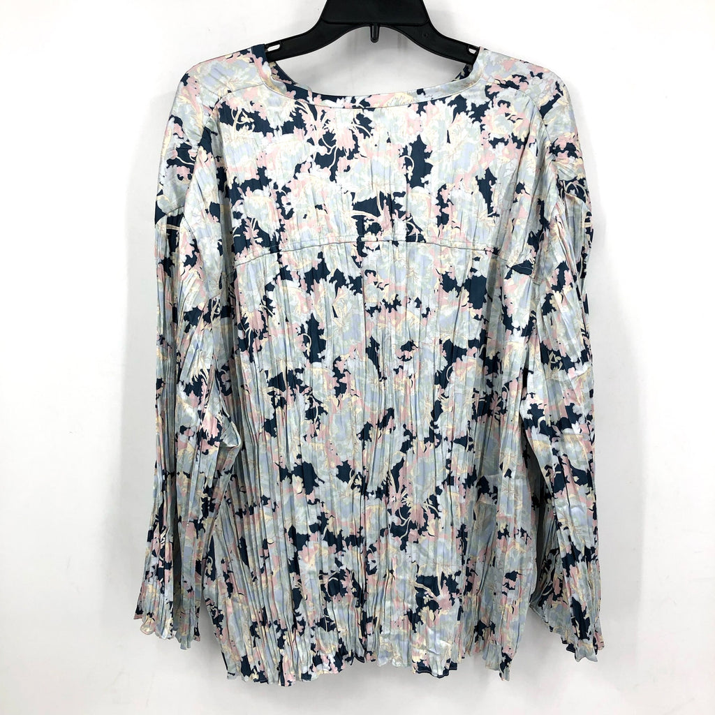 VINCE Women's Pleated Lotus Print Blouse 2X Tide Pool Blue Top Floral NWT