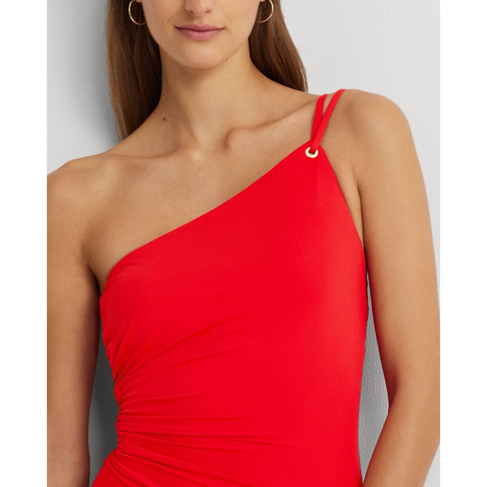 LAUREN RALPH LAUREN Double Strap One Piece Swimsuit Size 6 Red One Shoulder NWT