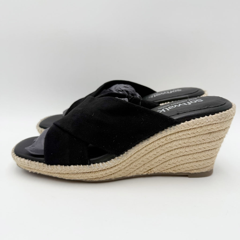 Softwalk Womens Hastings Wedge Sandals Size 7 WIDE Black Suede NIB