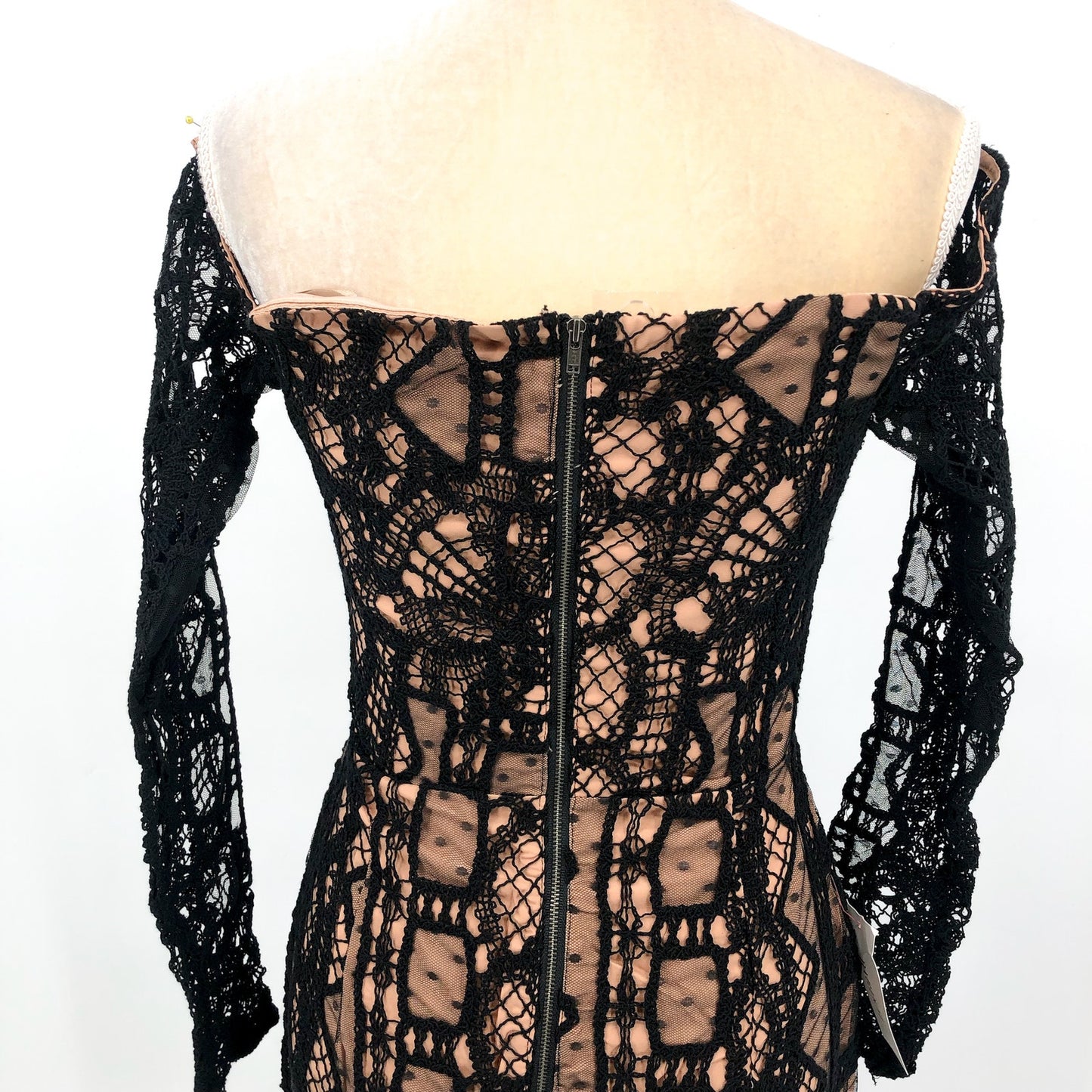 BARDOT Women's Zendaya Mini Lace Dress US 8 Large Black Nude Off Shoulder NWT