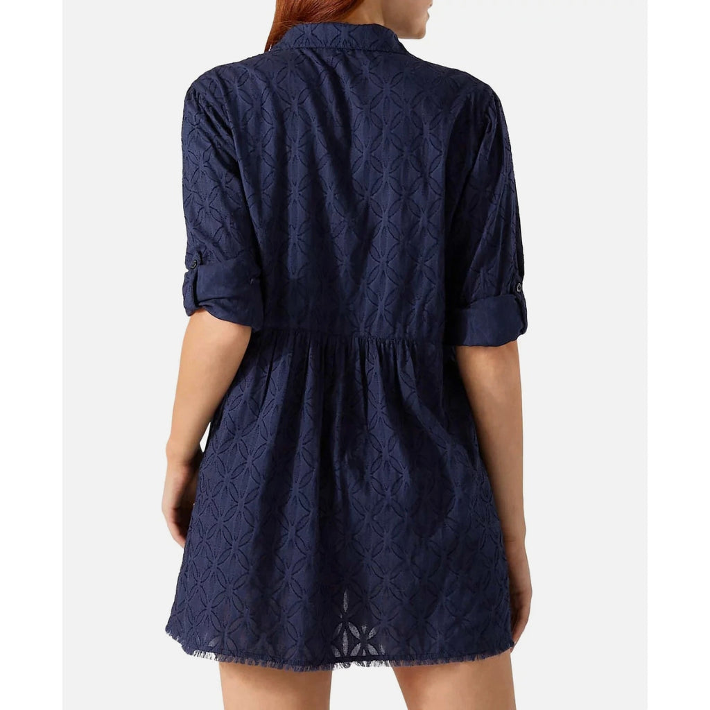 TOMMY BAHAMA Jacquard Boyfriend Cover Up Shirt XL Mare Navy Blue Cotton Clip NWT