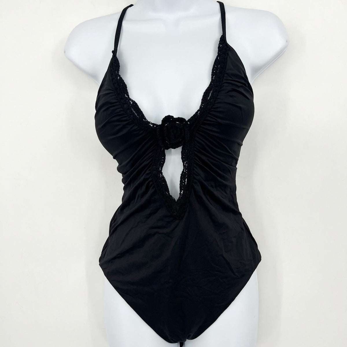 BECCA Colette Clare Plunge One Piece Swimsuit Large Black Crochet Flower NWT