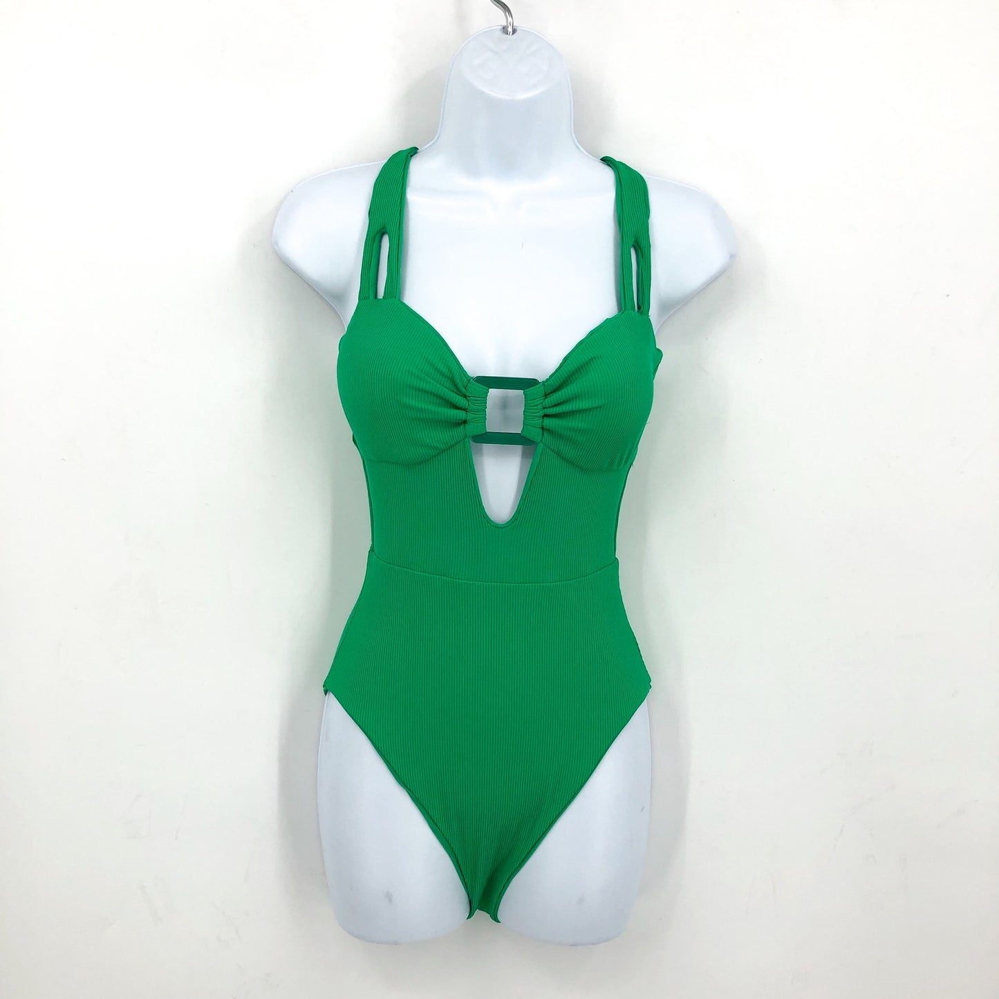 BECCA Women's Modern Edge Rib Bandeau One Piece Swimsuit Medium Green Verde