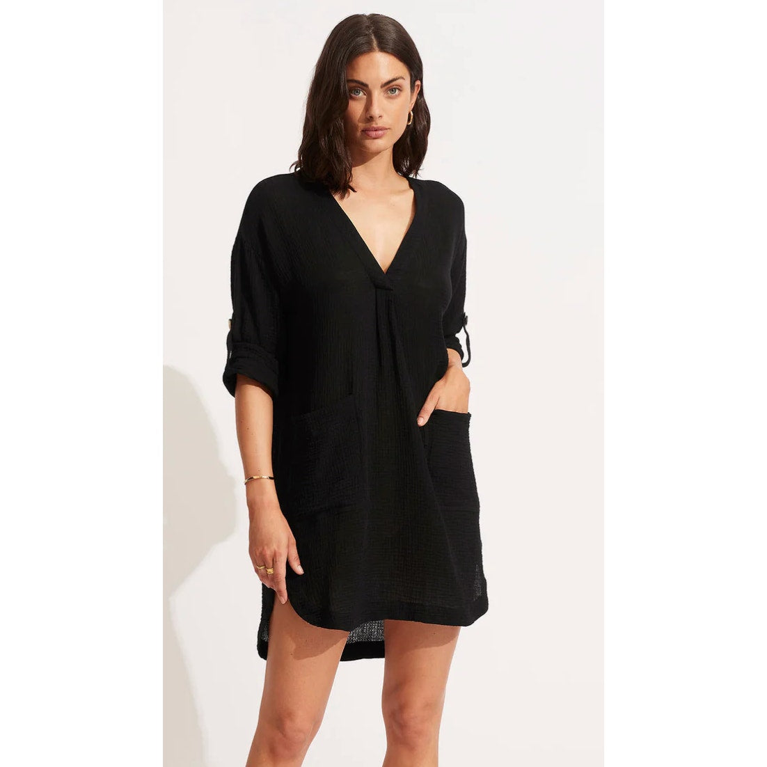 SEAFOLLY Womens Essential Swim Cover Up Dress Size 8 Black Lightweight Gauze NWT
