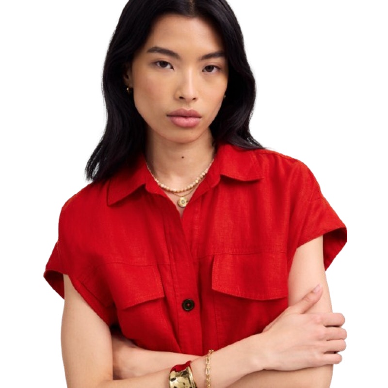 MADEWELL Utility Short-Sleeve Mini Shirtdress XS Red 100% Linen NV453 NWT