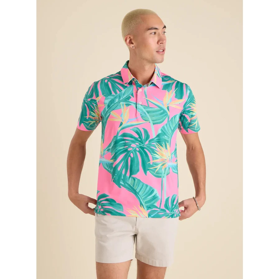CHUBBIES Mens Birds of Paradise Performance Polo Small Pink Short Sleeve NWT