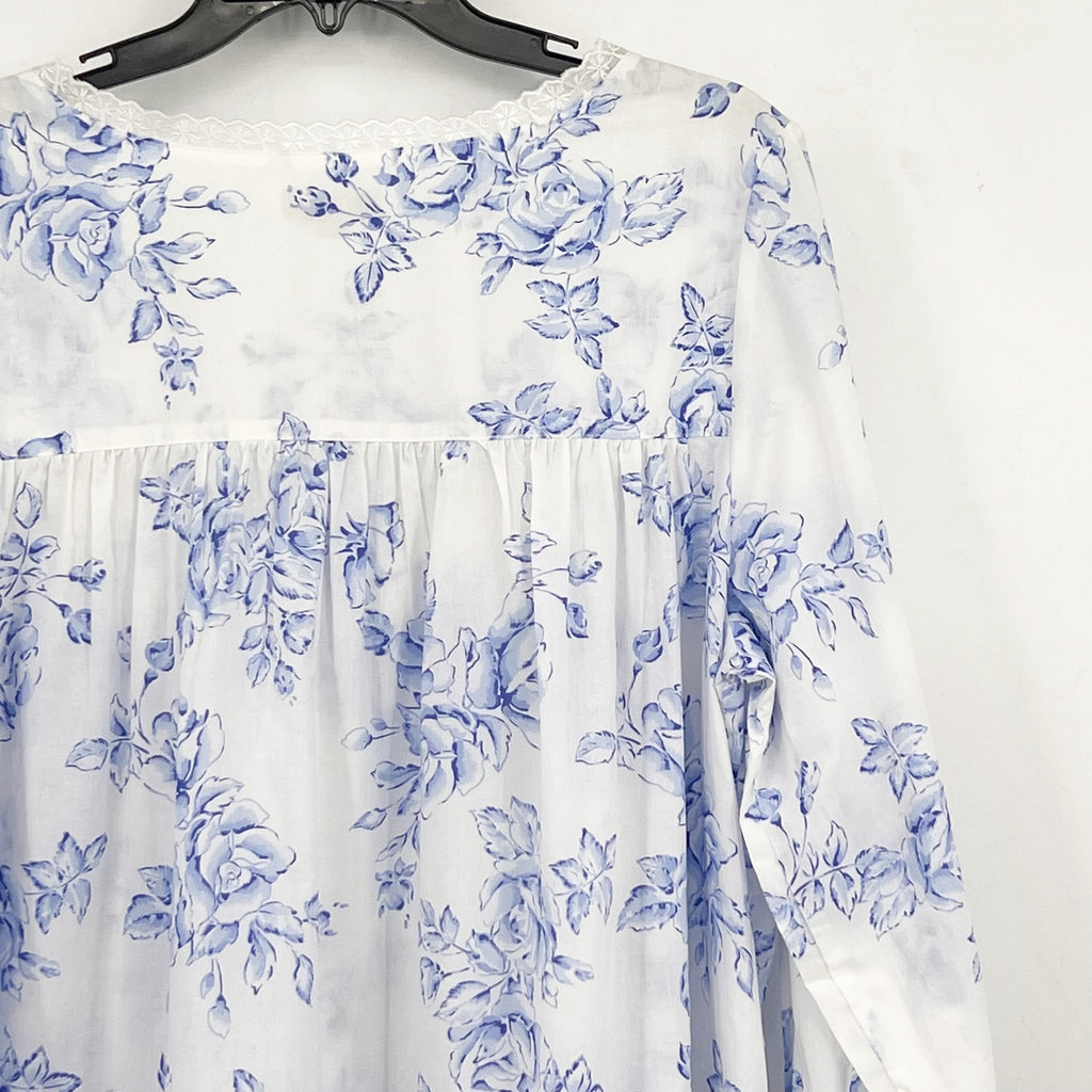 EILEEN WEST Short Nightgown Large Blue White Floral Long Sleeve Cotton Knit NWT