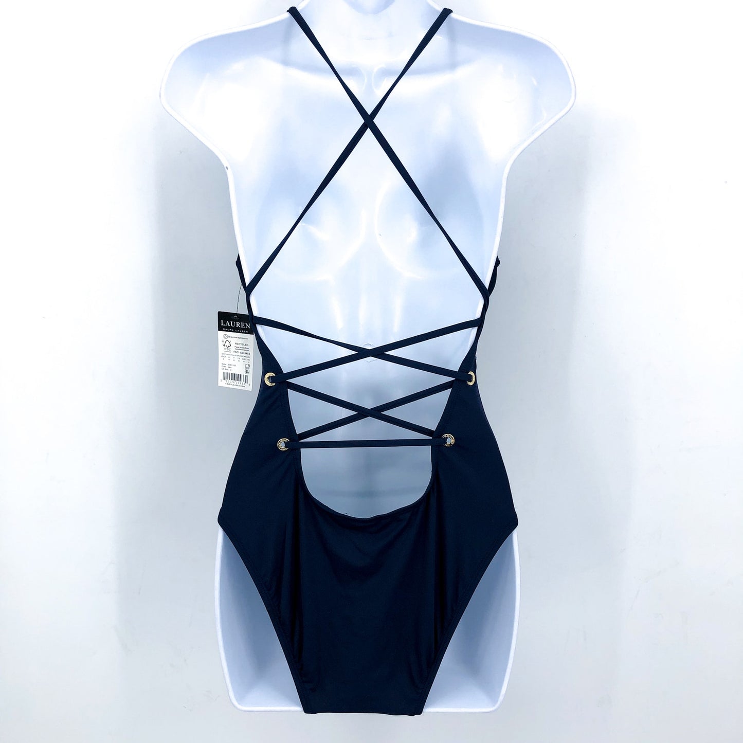 LAUREN RALPH LAUREN Strappy Plunge One-Piece Swimsuit Size 10 Blue Vneck NWT