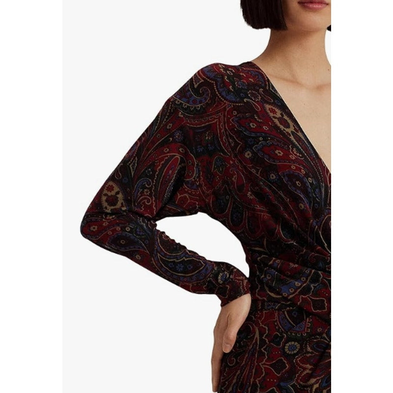 LAUREN RALPH LAUREN Twist-Front Jersey Dress Size 12 Red Checked Paisley NWT