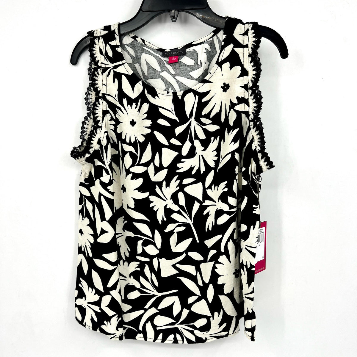 VINCE CAMUTO Women's Floral-Print Top Small Black White Crocheted-Trim NWT