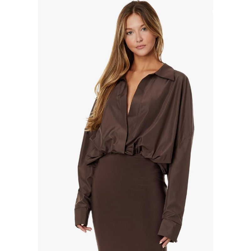 NORMA KAMALI Super Oversized Boyfriend NK Shirt Bodysuit Large Brown NWT