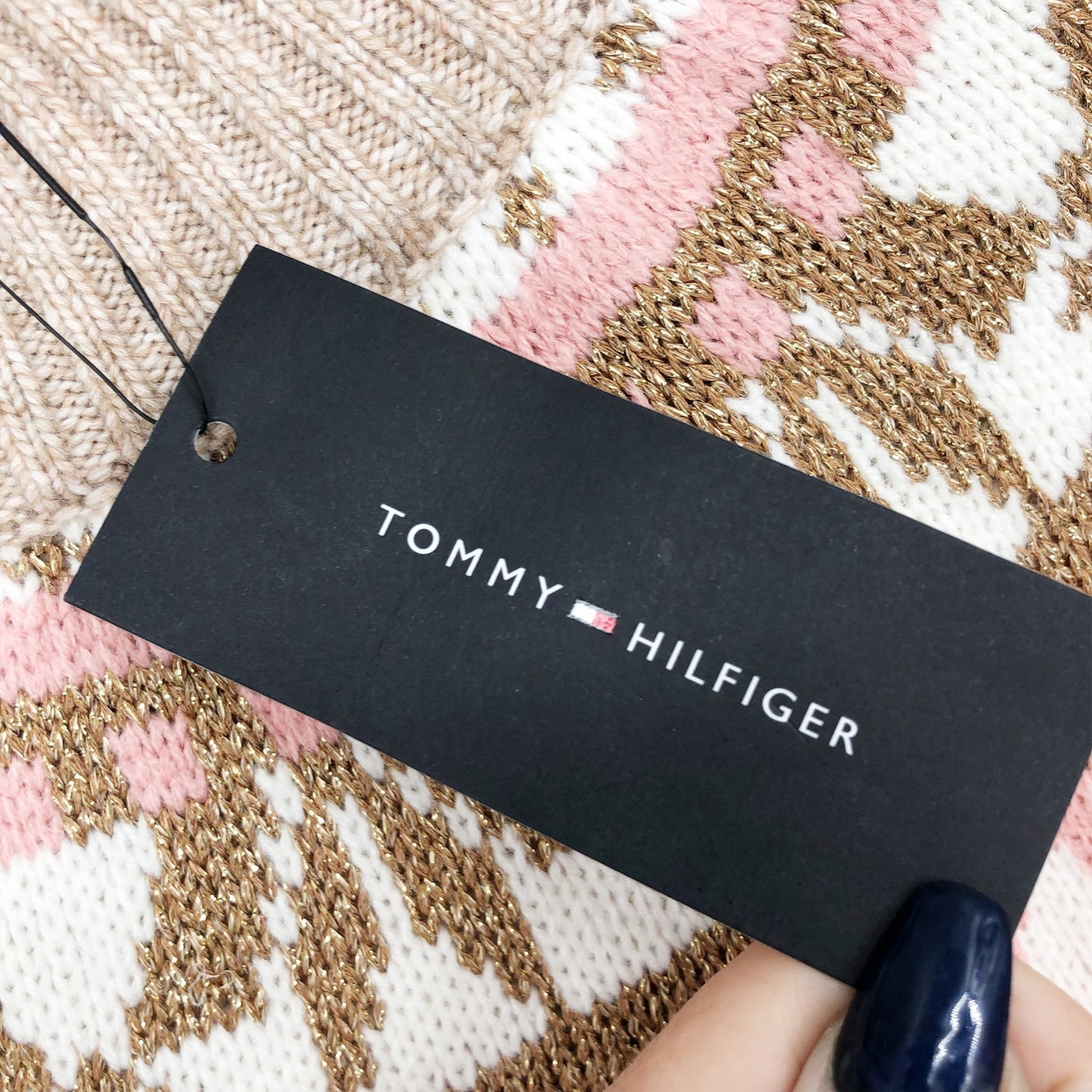 TOMMY HILFIGER Womens Pullover Sweater 1X Tan Pink Knit Metallic Fairisle NWT