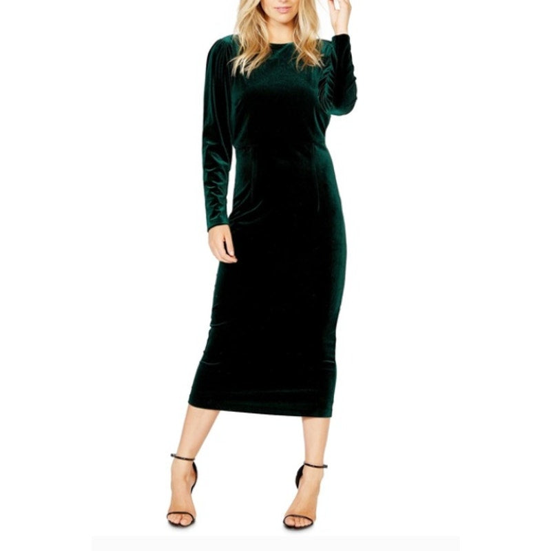 BARDOT Kalani Cowl Back Velvet Midi Dress Size 10 Large Green Long Sleeve NWT