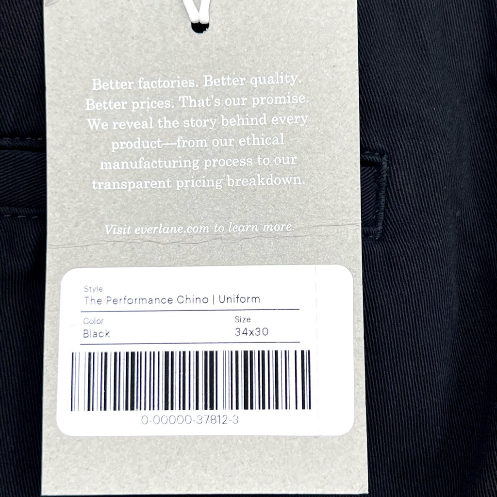 EVERLANE Uniform Men's Performance Chino Pants 34x30 Black Slim Fit NWT