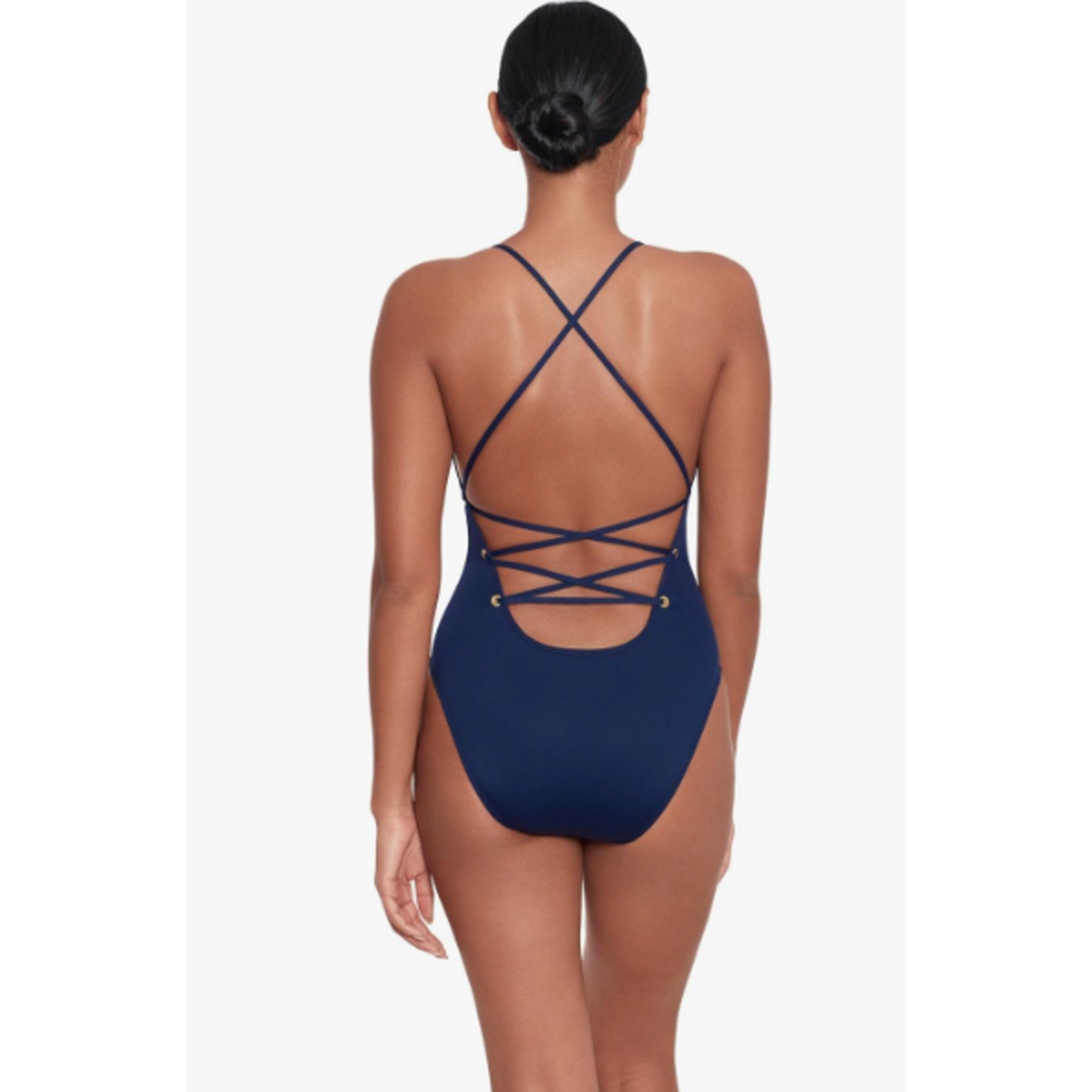 LAUREN RALPH LAUREN Strappy Plunge One-Piece Swimsuit Size 4 Blue Vneck NWT