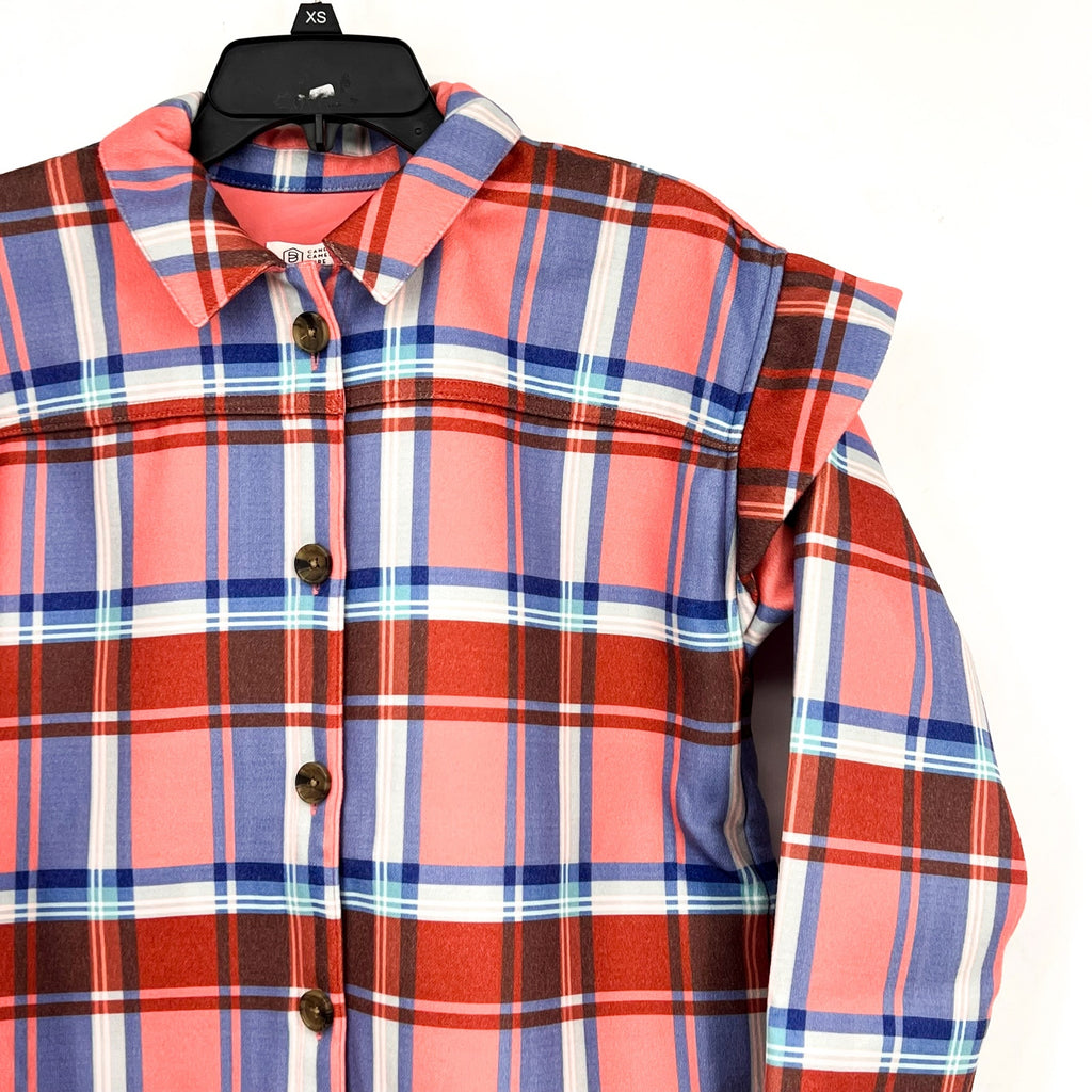 CANDACE CAMERON BURE Ruffle Sleeve Shirt Jacket XS Pink Blossom Plaid NWOT