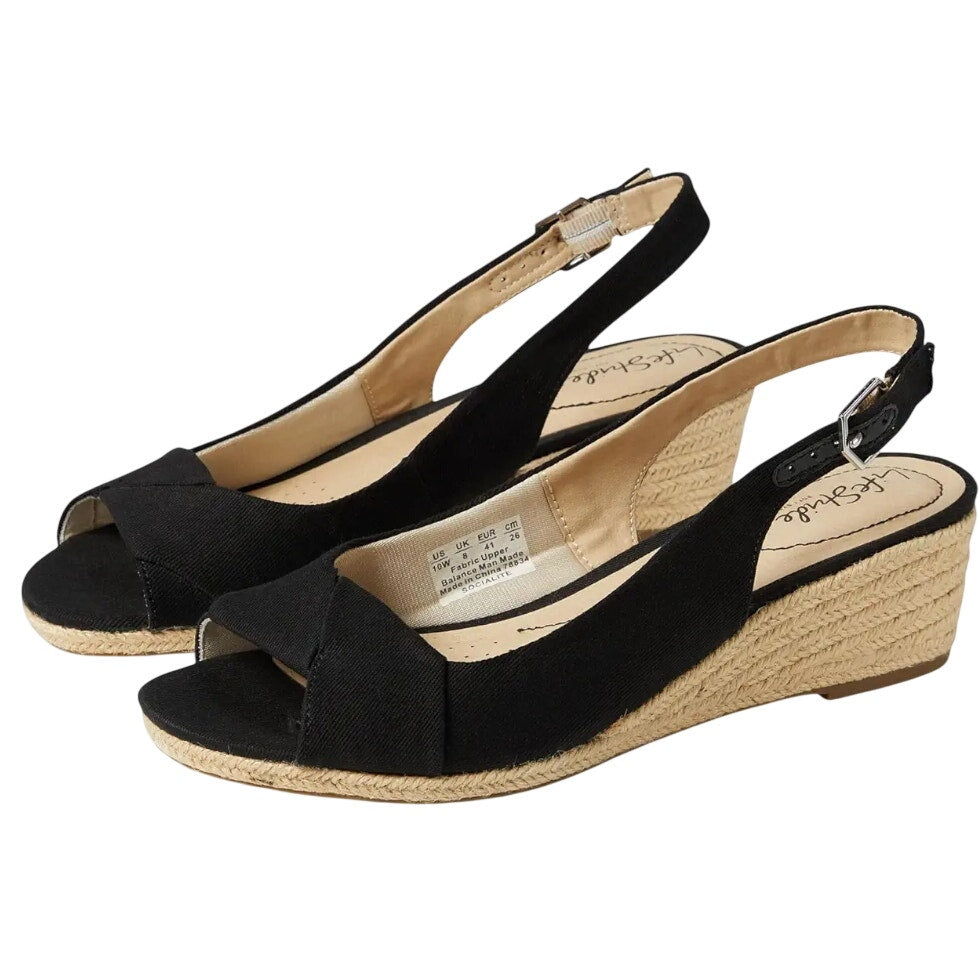 LifeStride Womens Socialite Wedge Sandals US 6.5 M EU 36.5 Black Canvas NWOB