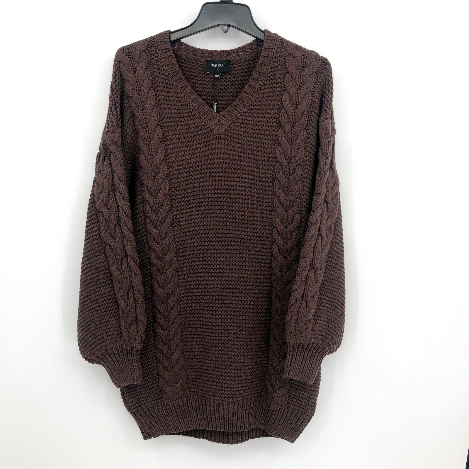 BARDOT Bell Knit Sweater Dress Large US 8 Brown Chocolate Long Sleeves NWT