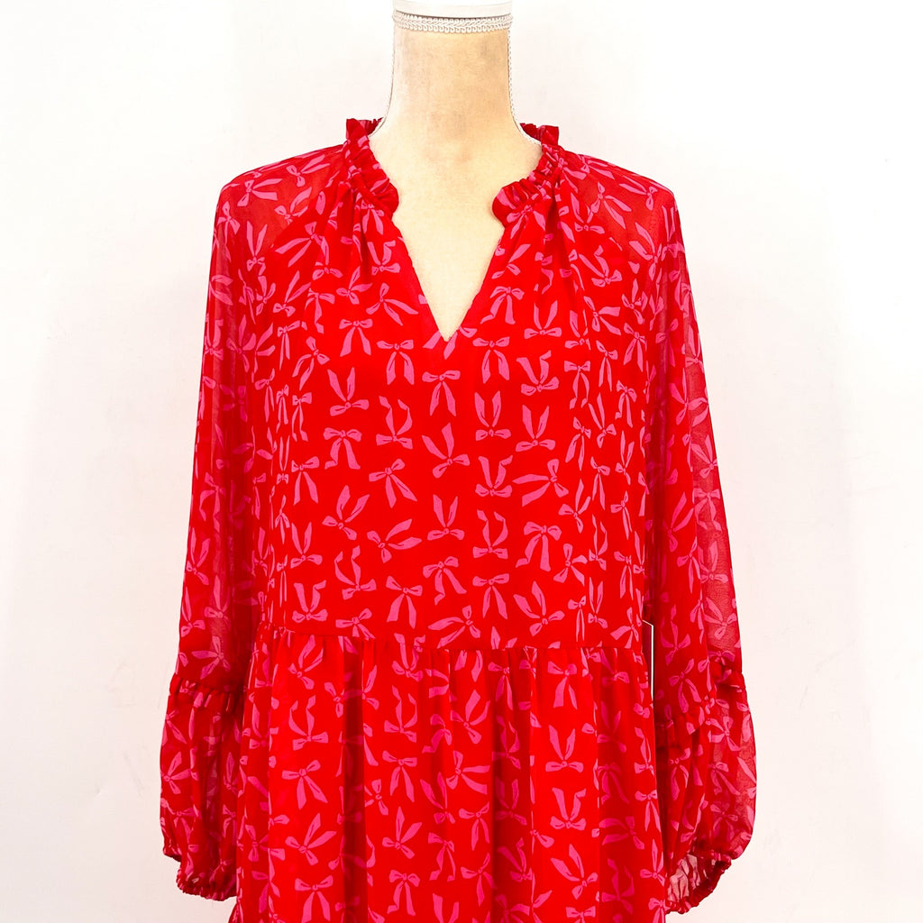 CECE Women's Bow-Print Babydoll Dress Large Red Pink Long-Sleeve NWT