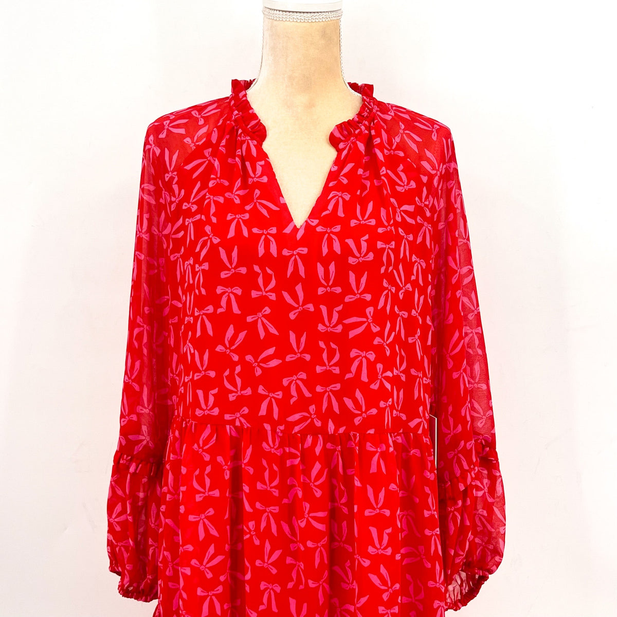 CECE Women's Bow-Print Babydoll Dress Large Red Pink Long-Sleeve NWT