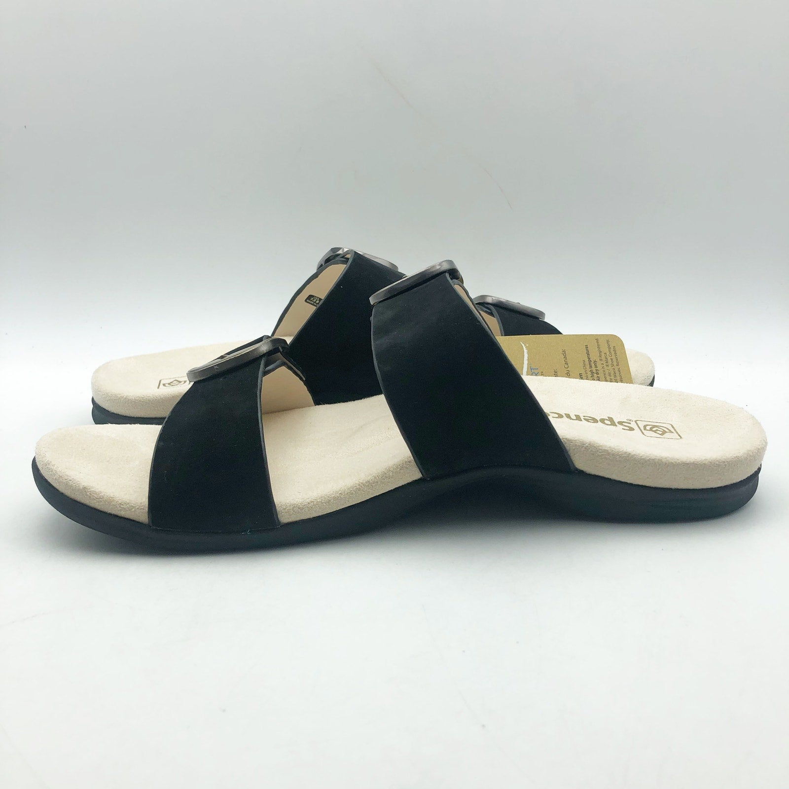 Spenco Womens Vista Slip On Sandals US 7.5 WIDE Black Leather Arch Support NIB