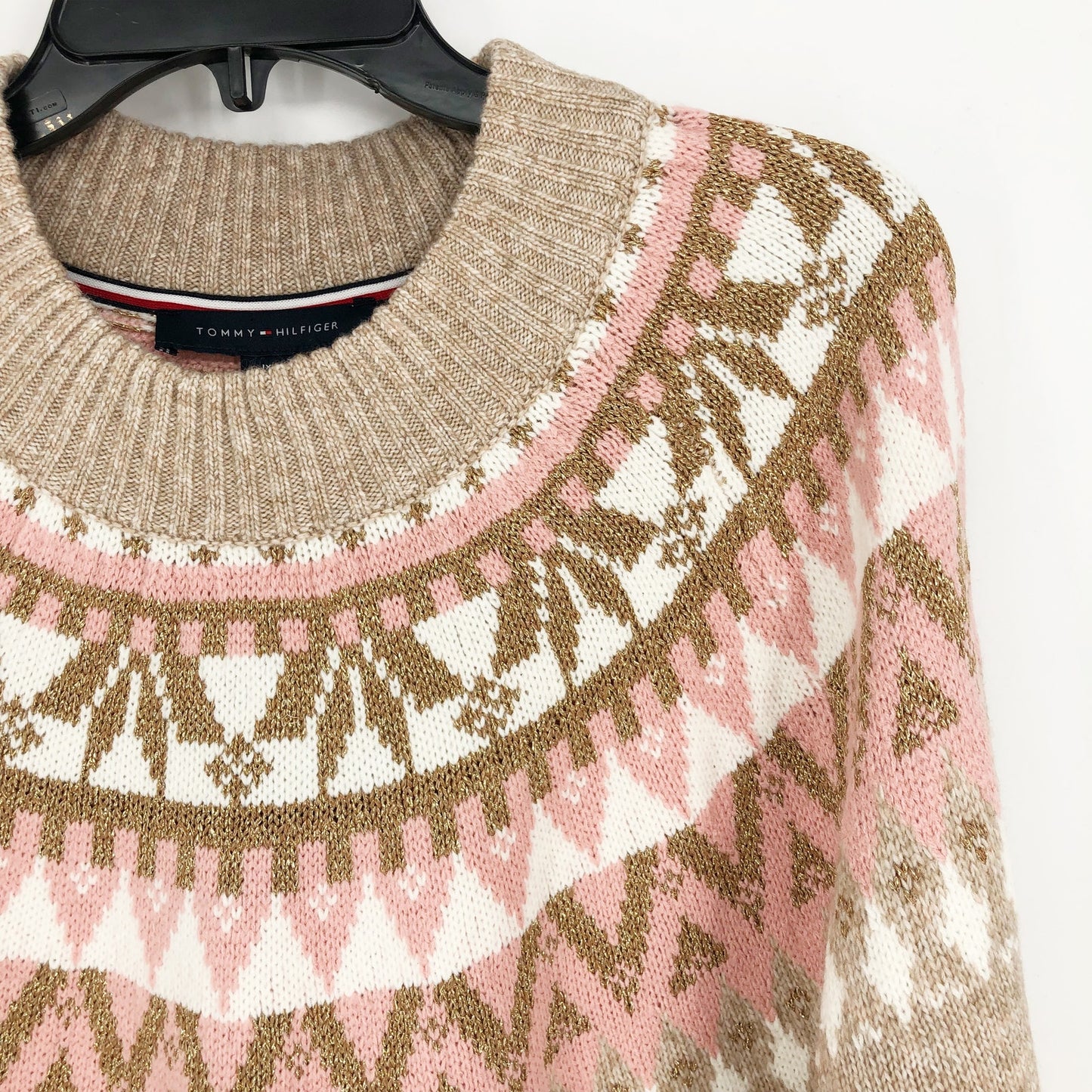 TOMMY HILFIGER Womens Pullover Sweater 1X Tan Pink Knit Metallic Fairisle NWT
