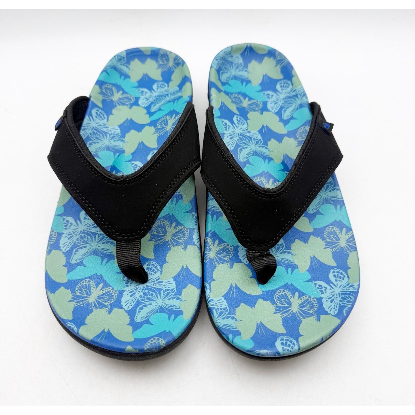Spenco Women's Yumi Butterfly Sandals Size 8 WIDE Blue Black Flip Flop NWT