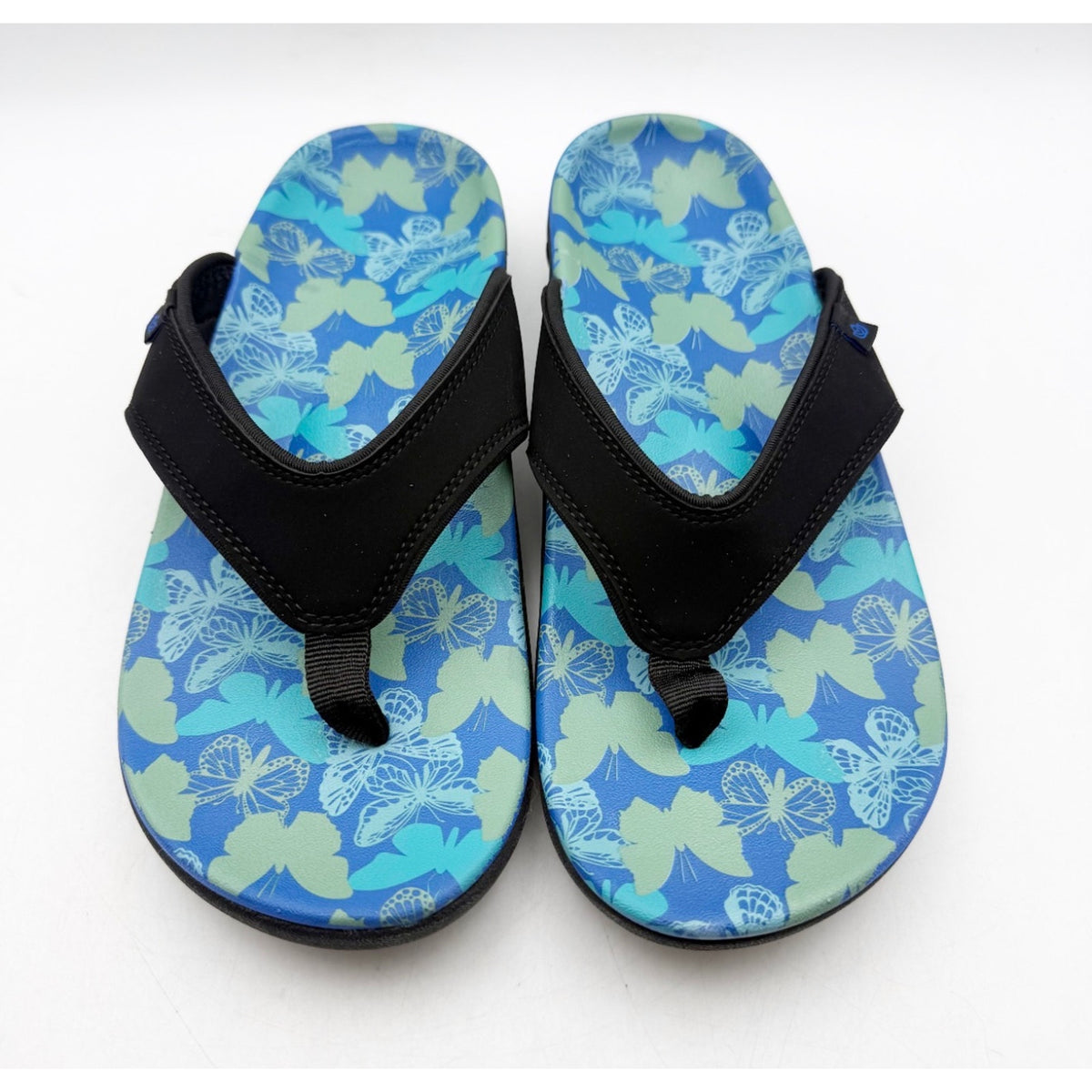 Spenco Women's Yumi Butterfly Sandals Size 8 WIDE Blue Black Flip Flop NWT