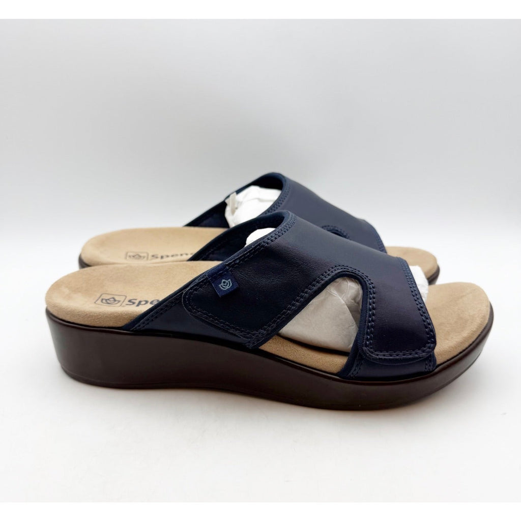 Spenco Women's Karla Wedge Sandals Size 10 Wide Blue Peacoat Navy Brown NIB