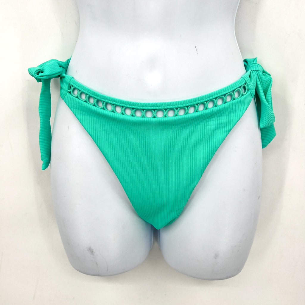 BECCA Modern Edge Demi Bikini Bottom Medium Aqua Sea Green Side Tie Ribbed NWT