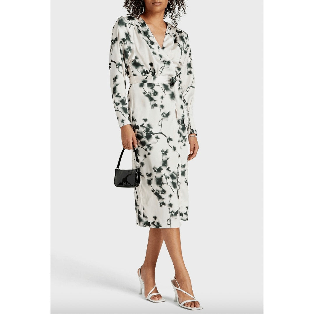 Rotate Womens Floral Wrap Midi Dress 8 Ivory Green V Neck Long Sleeve Cocktail