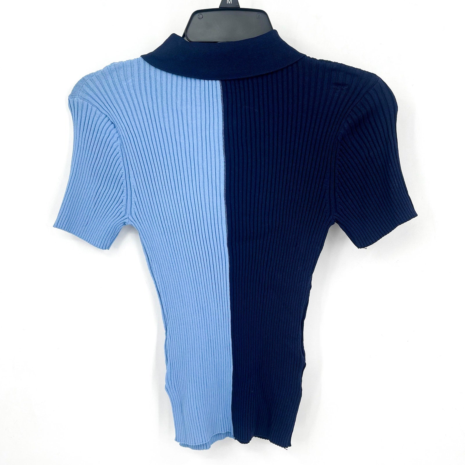 STAUD Women's Brice Bicolor Polo Shirt Medium Blue Colorblock Ribbed Knit NWOT
