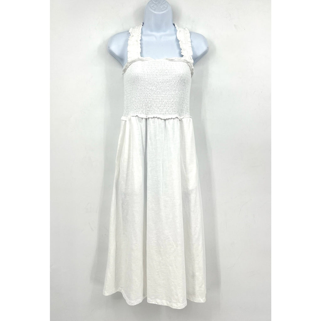TOMMY HILFIGER Women's Solid Smocked Midi Dress Small Bright White Cotton NWT