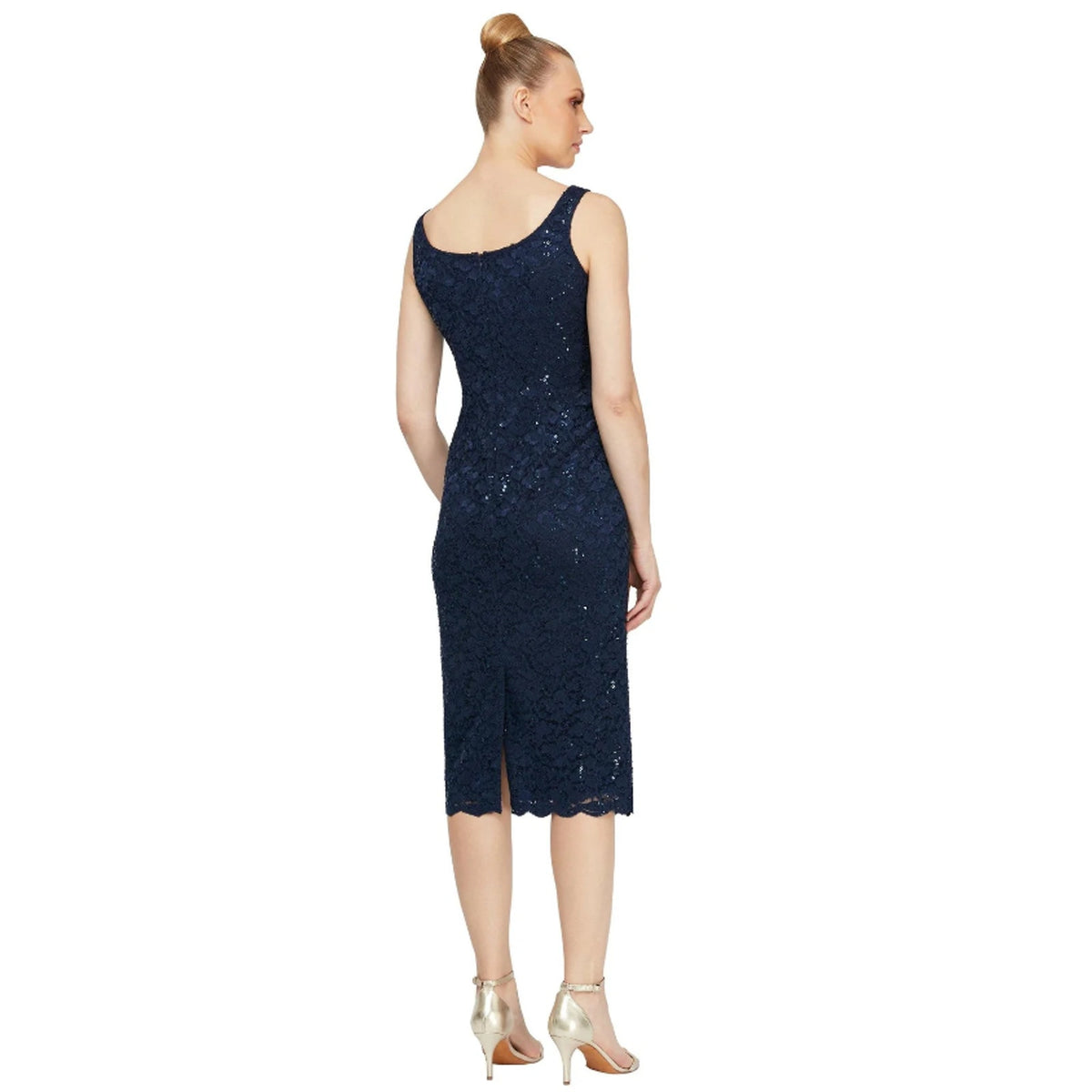 SLNY Sequined Lace Sheath Dress Size 12 Navy Blue Cocktail Sleeveless NWOT