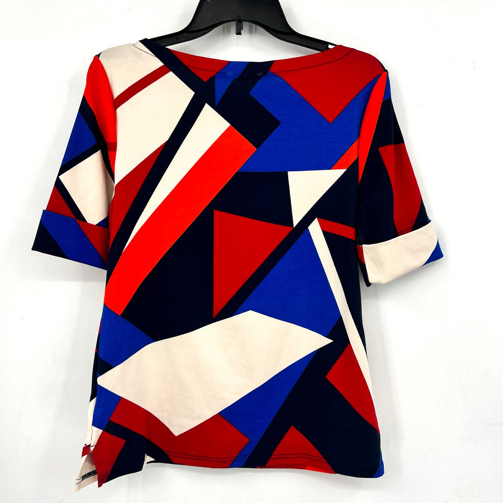 LAUREN RALPH LAUREN Judy Top Large Blue Red Geometric Mid-Sleeve NWT