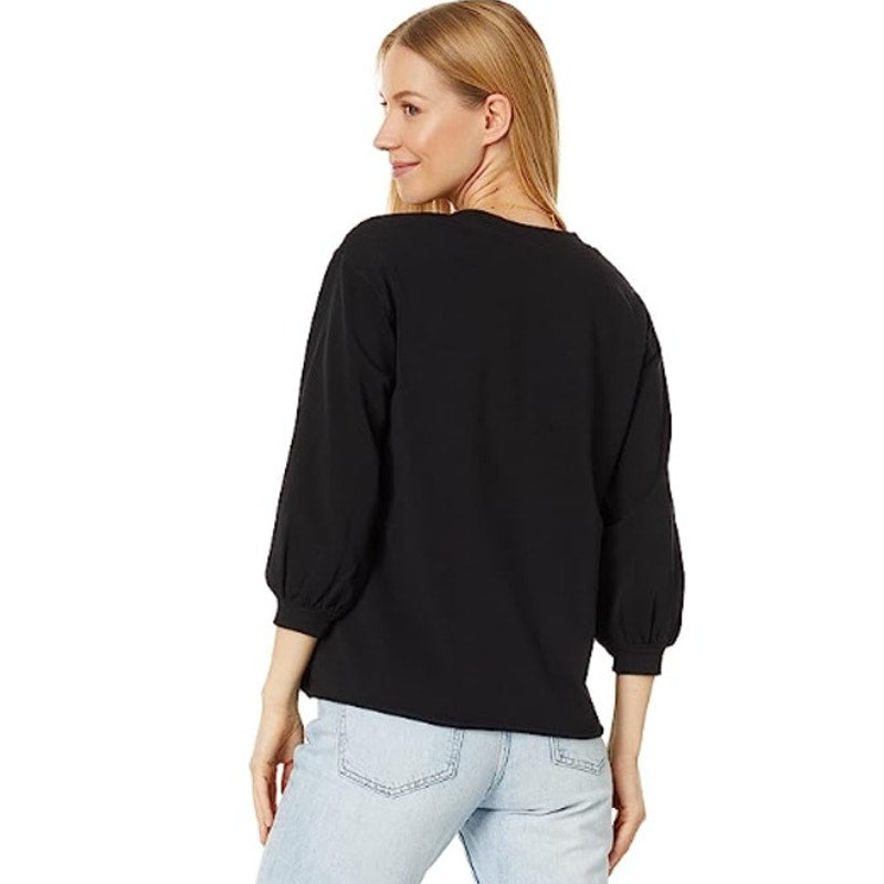 MODODOC Women's French Terry Crew Neck Top Large Black Puffed Long Sleeve NWT