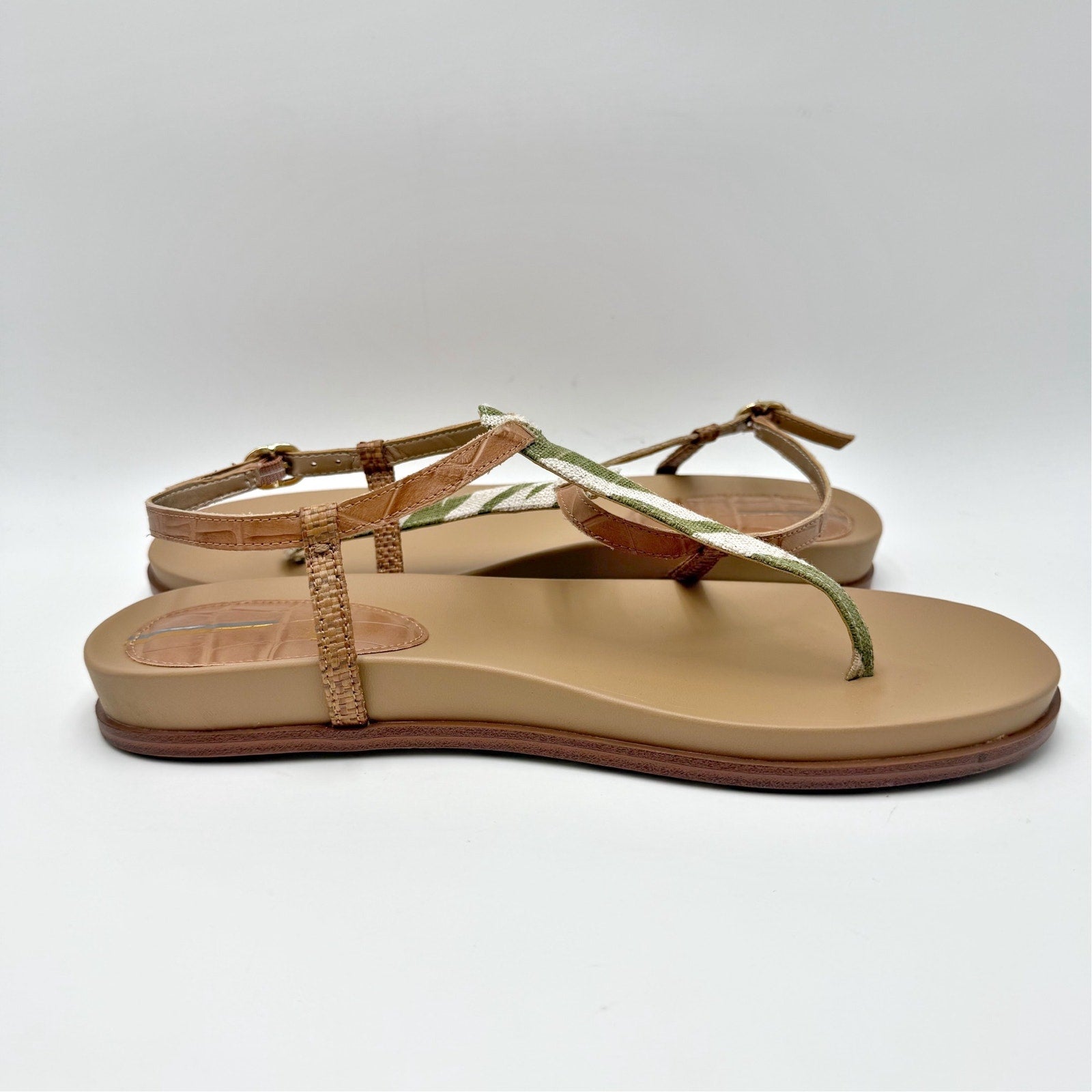Sam Edelman Womens Naomi T-Strap Flat Sandals Size 9.5 M Green Tan NIB