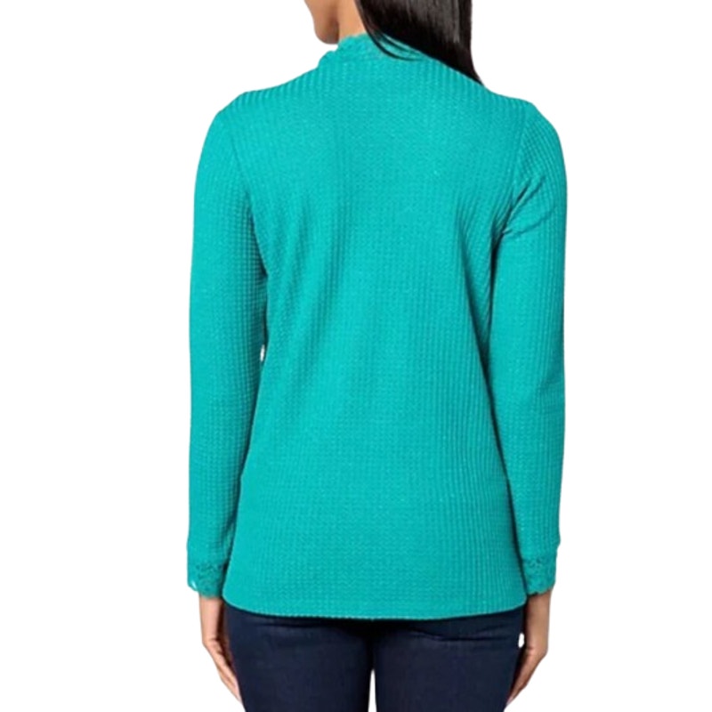 LOGO LORI GOLDSTEIN Metallic Waffle Knit Top Small Blue Green Long Sleeve NWOT