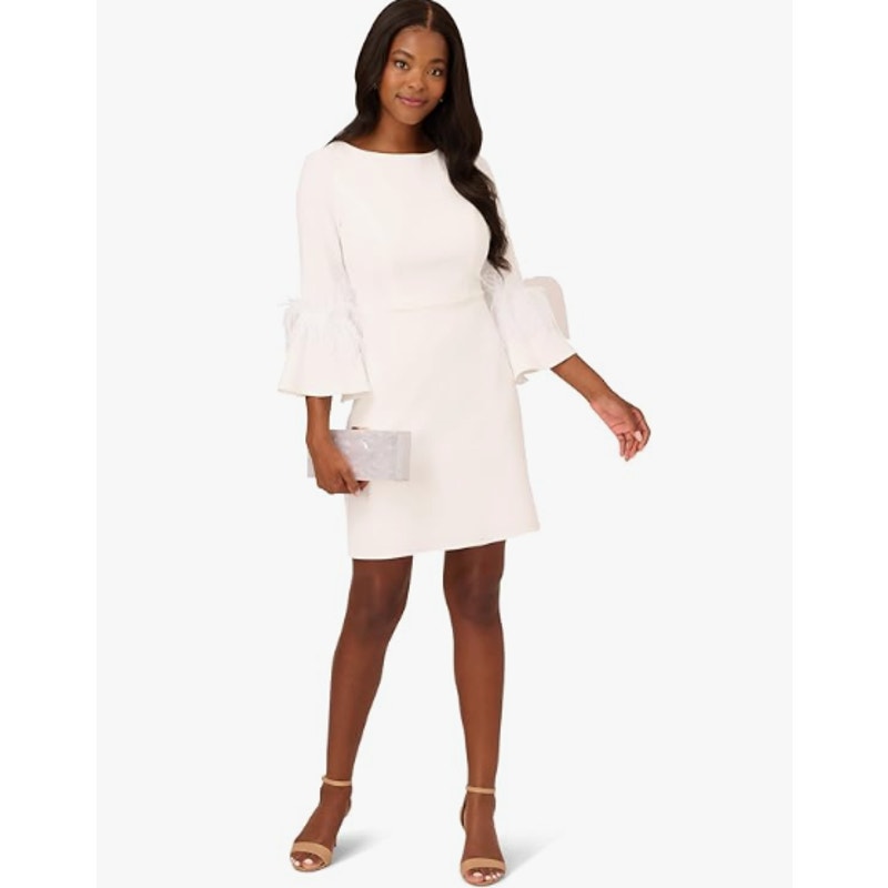 ADRIANNA PAPELL Women's Stretch Crepe Feather Dress Size 4 Ivory Boatneck NWT