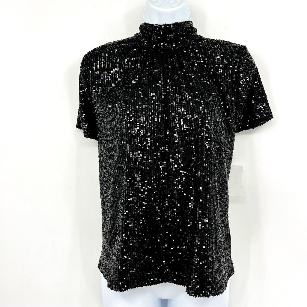 CECE Women's Sequin Top Large Rich Black Bow Back Mock Neck Short Sleeve NWT