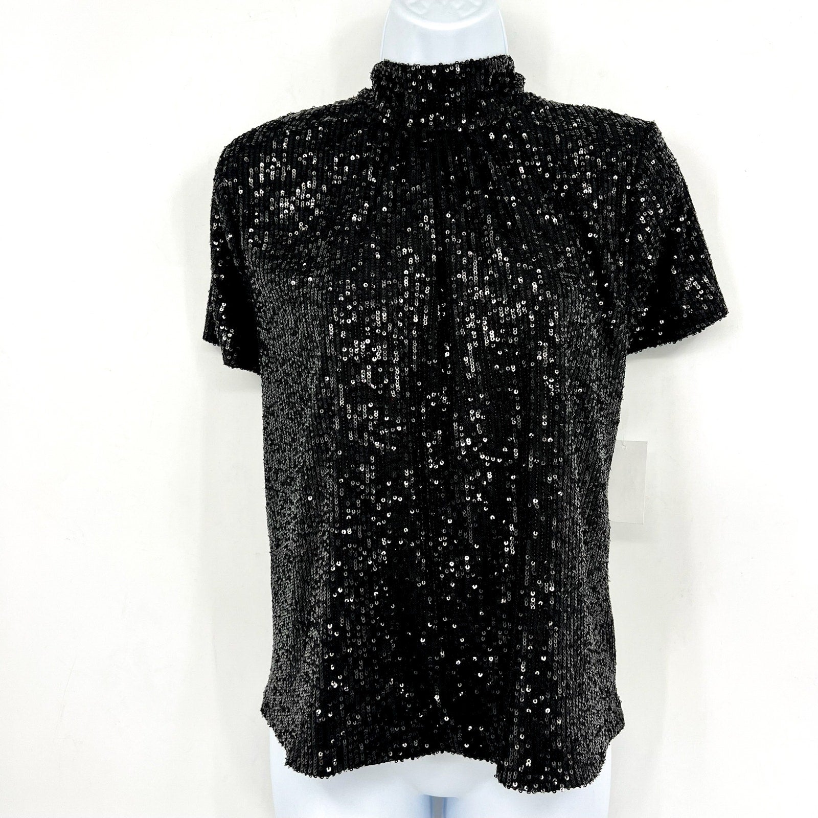CECE Women's Sequin Top Large Rich Black Bow Back Mock Neck Short Sleeve NWT