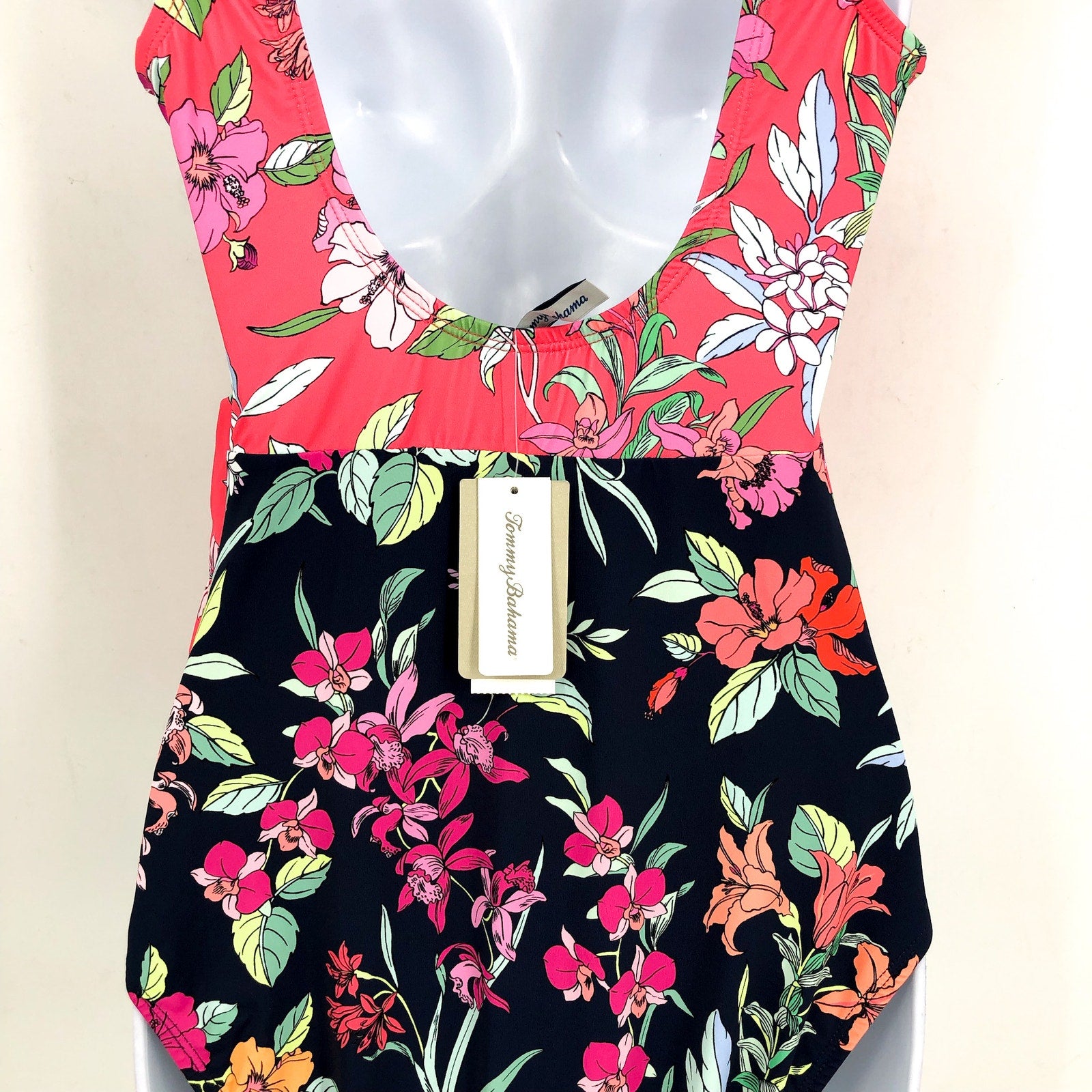 TOMMY BAHAMA Summer One-Piece Swimsuit Size 16 Pink Black Floral Wrap-Front NWT