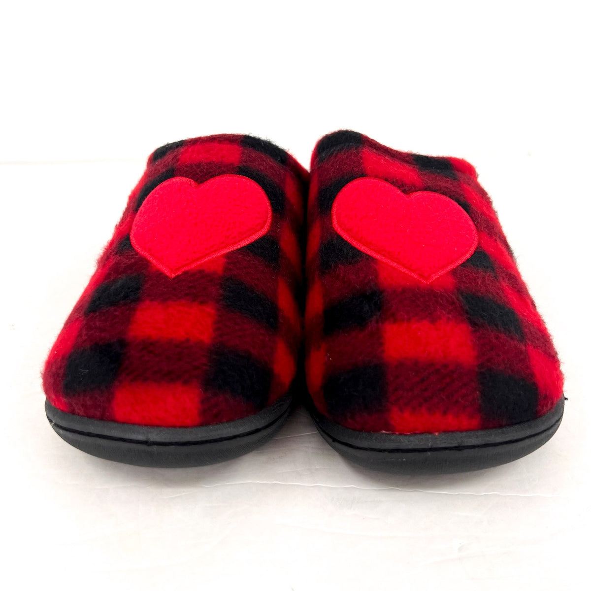 COLDWATER CREEK Women's Faux Fur Heart Slip On Clogs 10M Red Buffalo Plaid NIB