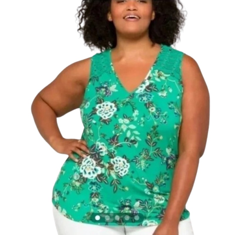 DANIEL RAINN Women's Sleeveless Crochet Lace Top 1X Tropical Green Floral NWT