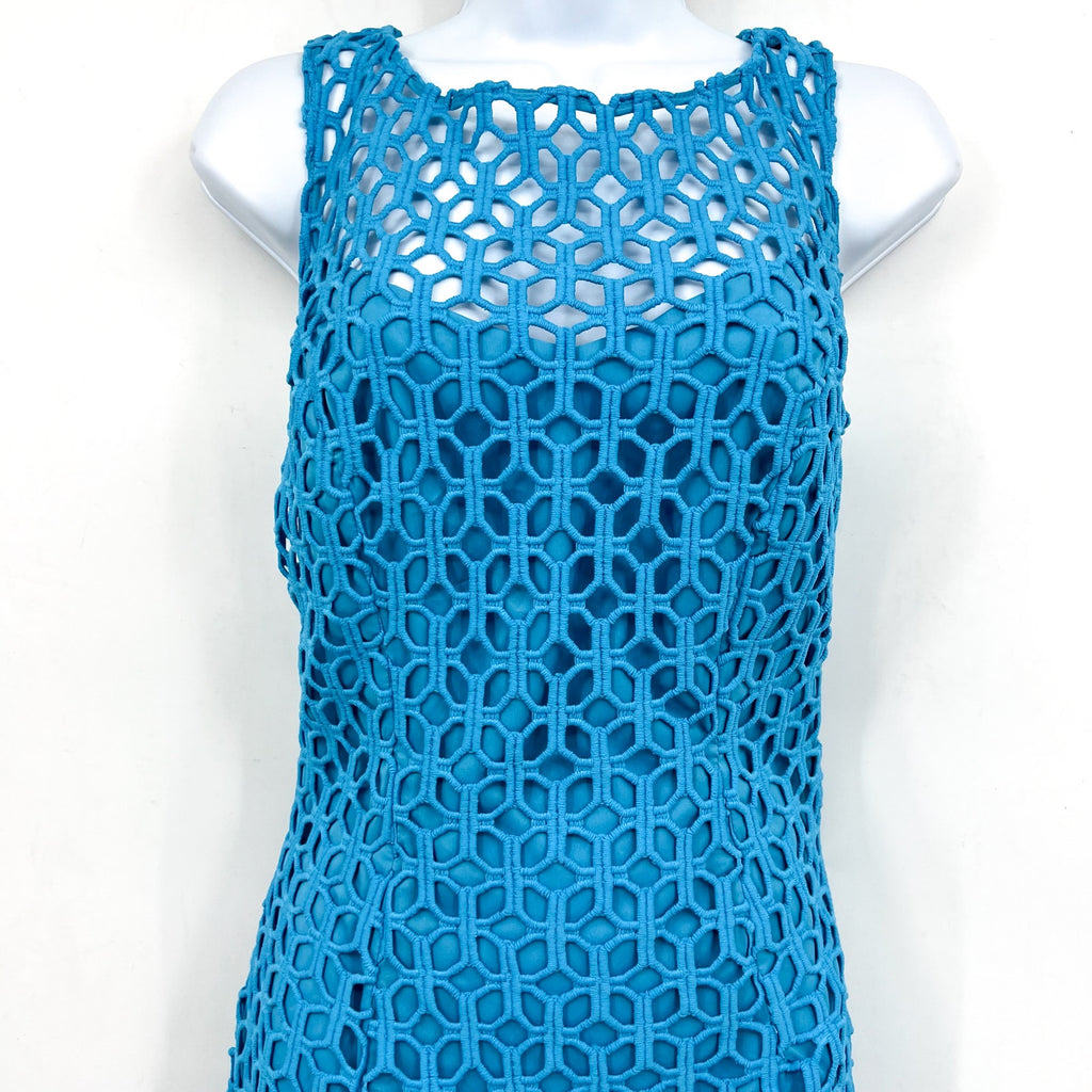 TRINA TURK Eleanor Midi Sheath Dress Size 6 Blue Grotto Crochet Sleeveless NWT