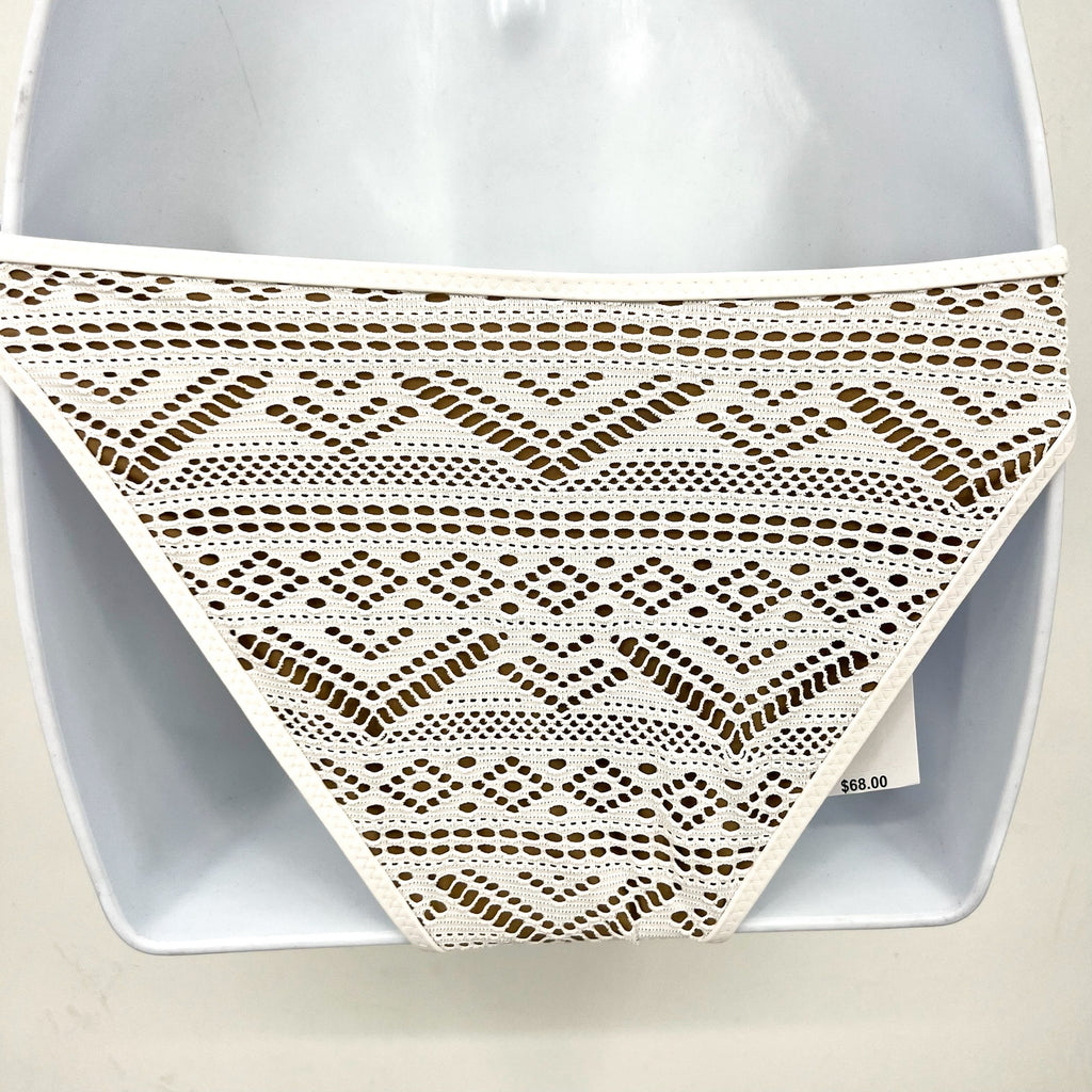 BECCA Virtue Color Play Crochet Tie Side Bikini Bottom Medium White/Tan NWT