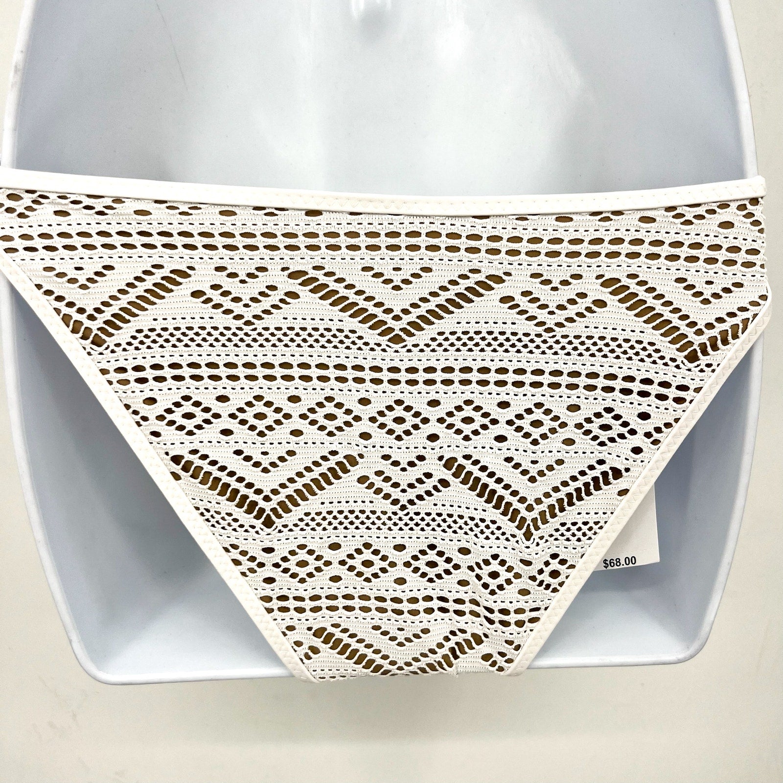 BECCA Virtue Color Play Crochet Tie Side Bikini Bottom Medium White/Tan NWT
