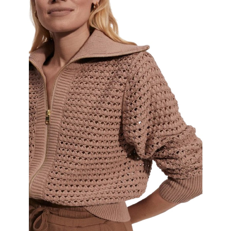 VARLEY Women's Eloise Full Zip Knit Jacket Small Tan Warm Taupe Pointelle NWT